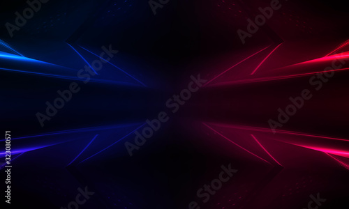 Empty stage, blue and pink, purple neon, abstract background. Rays of searchlights, light, abstract tunnel, corridor.