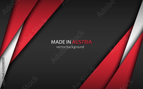 Made in Austria, modern vector background with Austrian colors and free grey space for your text, overlayed sheets of paper in the look of the Austrian flag, abstract widescreen background