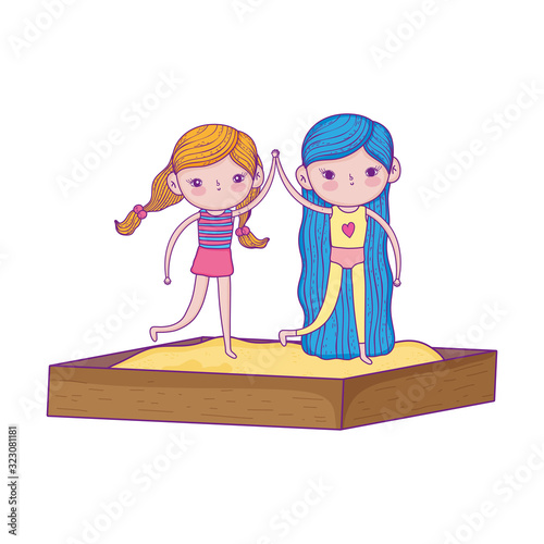 happy childrens day, little girl holding hands in the sandbox playground