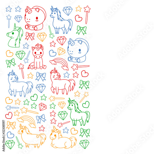 Children pattern with fairy tale unicors for kids clothes, posters, banners, shirts. Vector image with cartoon character.