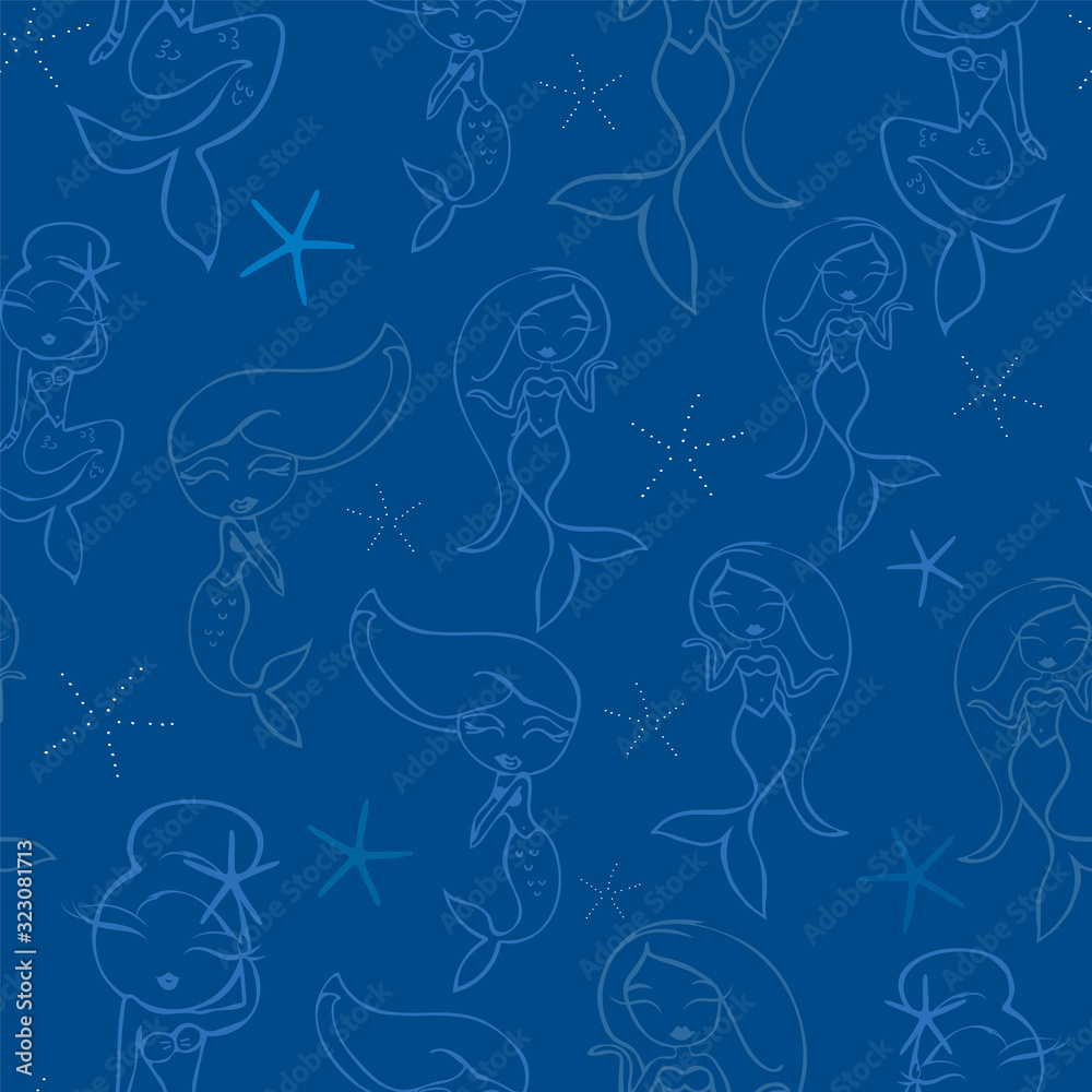 Vector Blue Mermaid Friends Seamless Pattern Background.
