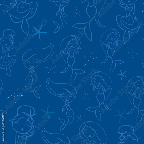 Vector Blue Mermaid Friends Seamless Pattern Background.