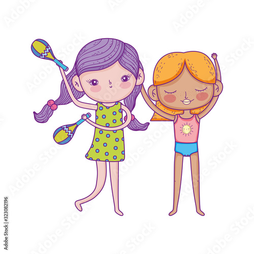 happy childrens day, girls with music cartoon characters