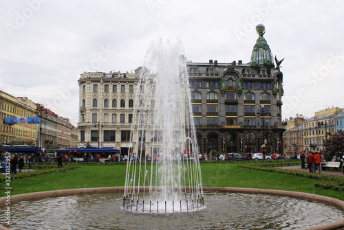 A working fountain in the spring in St. Petersburg.
