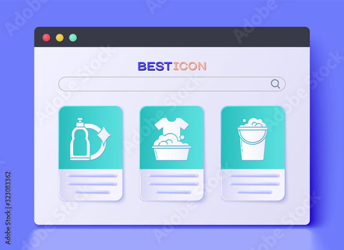 Set Plastic basin with soap suds , Plastic bottles for liquid dishwashing liquid and Bucket with foam and bubbles icon. Vector
