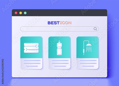 Set Plastic bottles for liquid dishwashing liquid, Towel stack and Shower head with water drops flowing icon. Vector