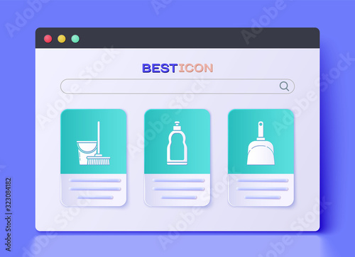 Set Plastic bottles for liquid dishwashing liquid, Mop and bucket and Dustpan icon. Vector