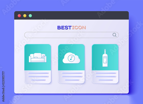 Set Music streaming service , Sofa and Bottle of wine icon. Vector