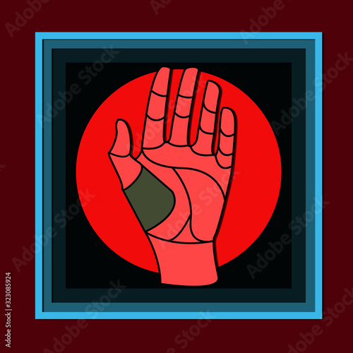 mano con fondo japones ,en un cuadro.marco en fondo rojo, vectores