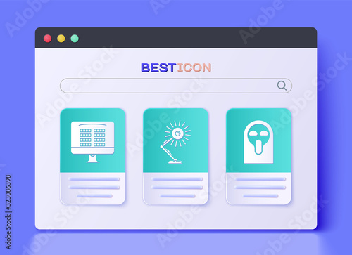 Set Table lamp , Buy cinema ticket online and Funny and scary ghost mask icon. Vector