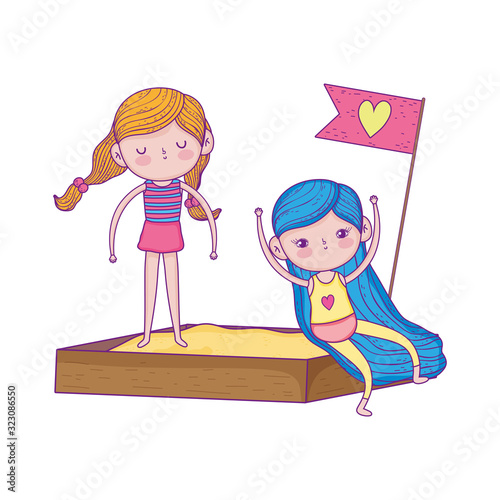 happy childrens day, girls playing in sandbox playground outdoors