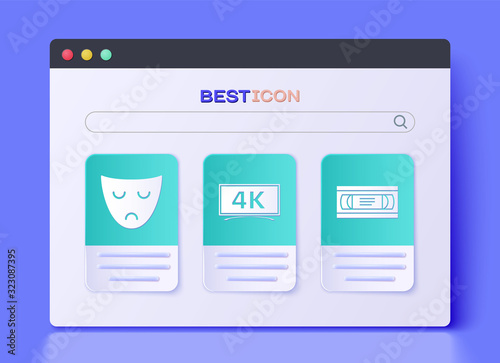 Set Screen tv with 4k Ultra HD video technology , Drama theatrical mask and VHS video cassette tape icon. Vector