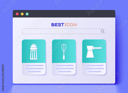 Set Kitchen whisk , Salt and Coffee turk icon. Vector