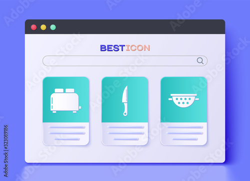 Set Knife , Toaster with toasts and Kitchen colander icon. Vector