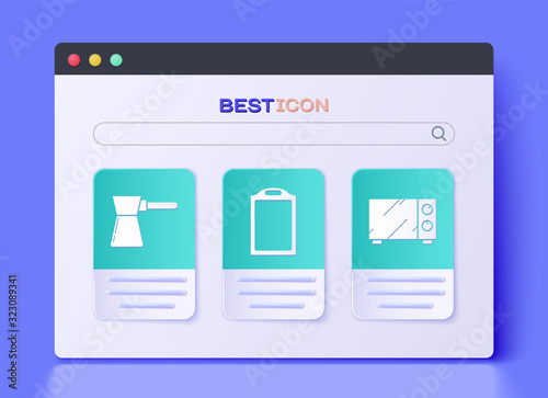 Set Cutting board , Coffee turk and Microwave oven icon. Vector