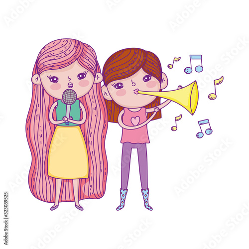 happy childrens day, girls sing with microphone and trumpet outdoors