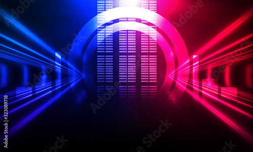 Background of empty show scene. Empty dark modern abstract neon background. Glow of neon lights on an empty stage, diodes, rays and lines. Lights of the night city. 