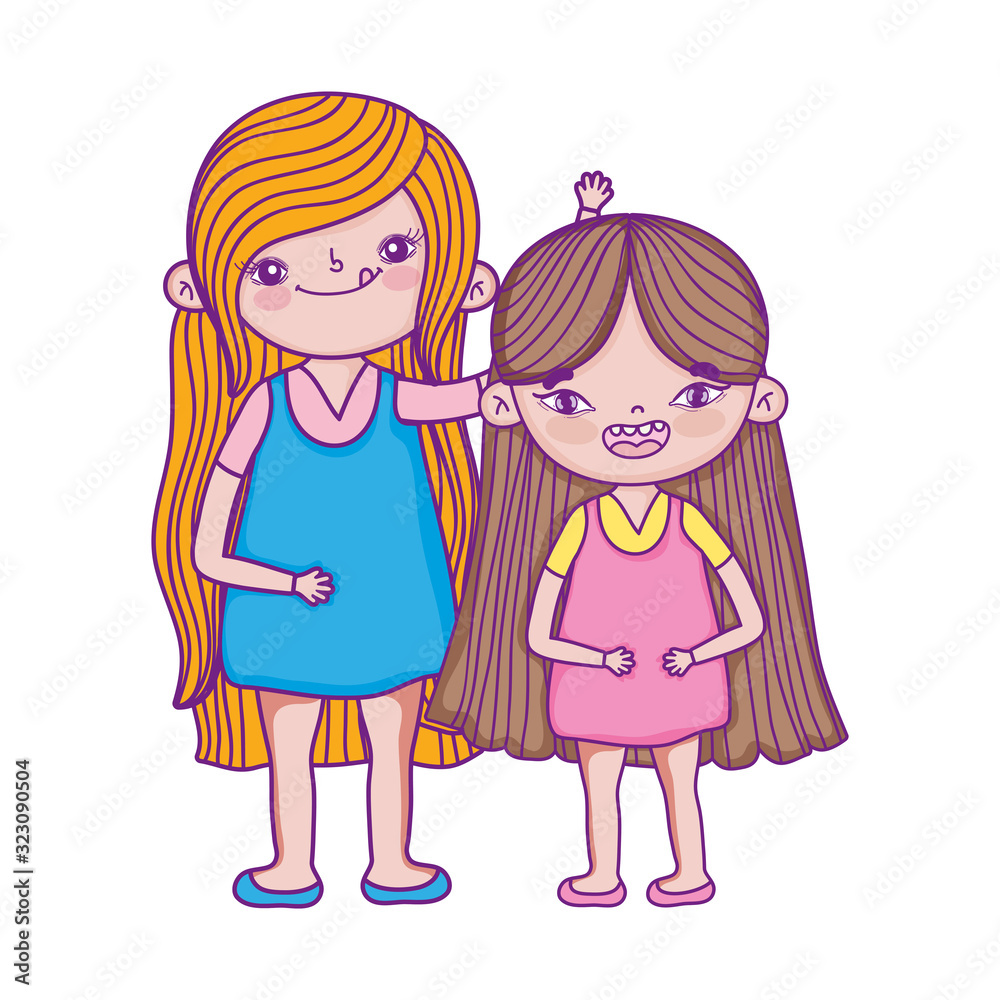 happy childrens day, two little girls together cartoon characters happy childrens day, two little girls together cartoon characters