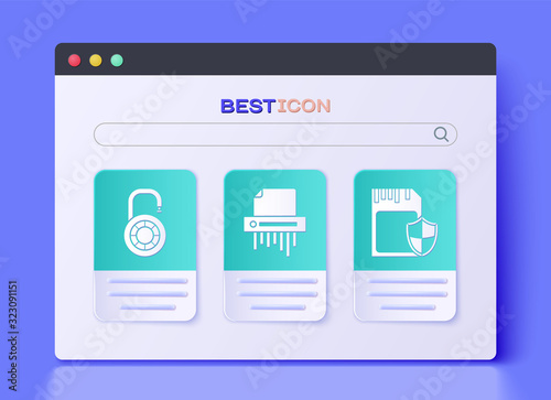 Set Paper shredder confidential, Safe combination lock wheel and SD card and shield icon. Vector