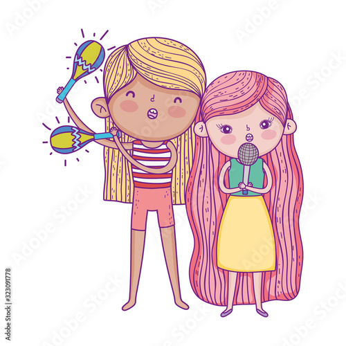 happy childrens day, girls with microphone and maraca music outdoor