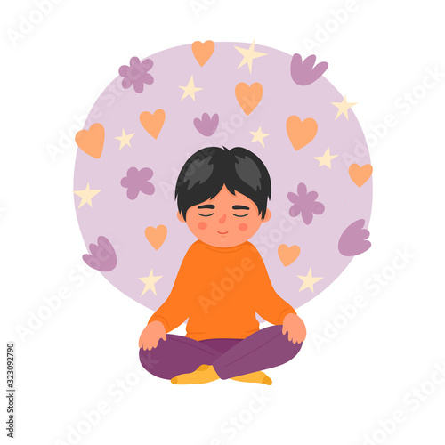 Children meditation. boy sitting and meditating. Kids yoga, mindfulness, relax, breathing lessons vector illustration isolated on white background.
