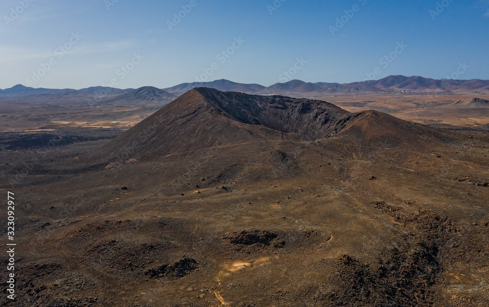 aerial drone view on volcano Caldera Los Arrabales, fuerteventura, canary islands, Spain. October 2019
