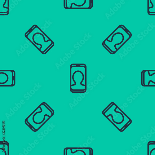 Blue line Taxi call telephone service icon isolated seamless pattern on green background. Taxi for smartphone. Vector Illustration