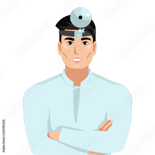 Young male doctor. Portrait of a physician otolaryngologist (ENT) with a medical mirror in a white medical hutal. Vector illustration