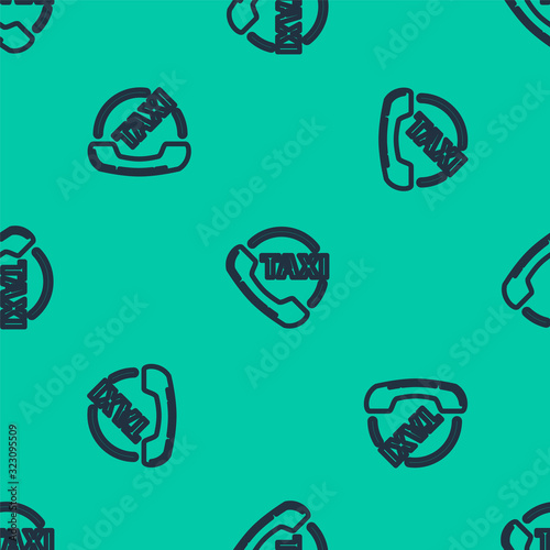 Blue line Taxi call telephone service icon isolated seamless pattern on green background. Taxi for smartphone. Vector Illustration