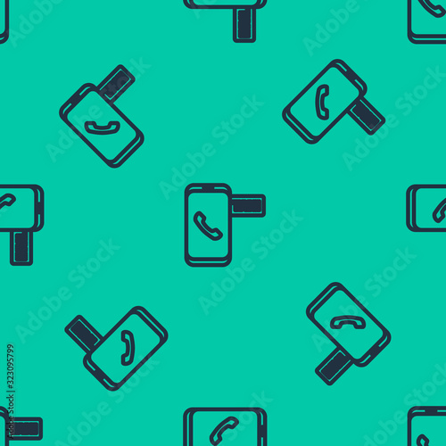 Blue line Taxi call telephone service icon isolated seamless pattern on green background. Taxi for smartphone. Vector Illustration