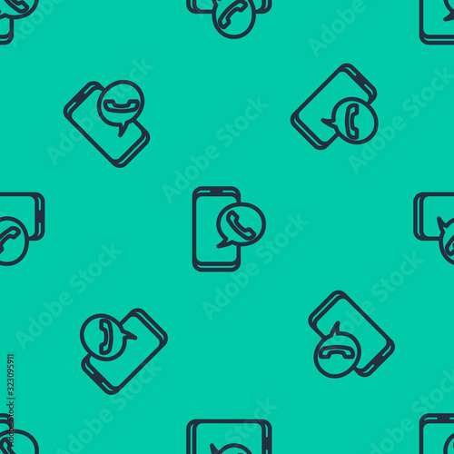 Blue line Taxi call telephone service icon isolated seamless pattern on green background. Taxi for smartphone. Vector Illustration