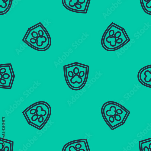 Blue line Animal health insurance icon isolated seamless pattern on green background. Pet protection icon. Dog or cat paw print. Vector Illustration