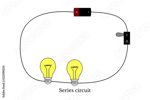 Drawing of a series electrical circuit including light bulbs, a battery and switch, vector illustration