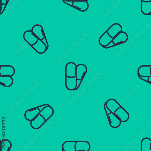 Blue line Dog and pills icon isolated seamless pattern on green background. Prescription medicine for animal. Vector Illustration