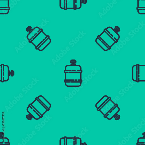 Blue line Propane gas tank icon isolated seamless pattern on green background. Flammable gas tank icon. Vector Illustration