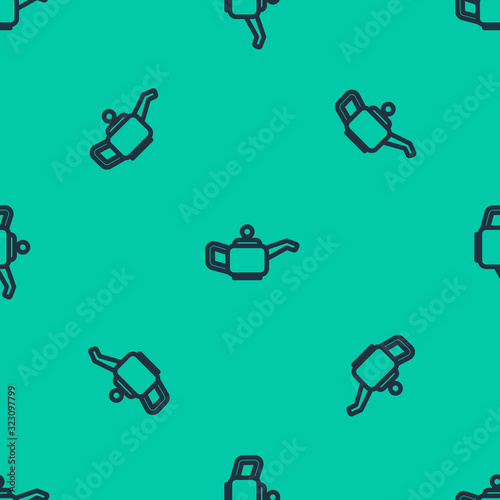 Blue line Canister for motor machine oil icon isolated seamless pattern on green background. Oil gallon. Oil change service and repair. Vector Illustration
