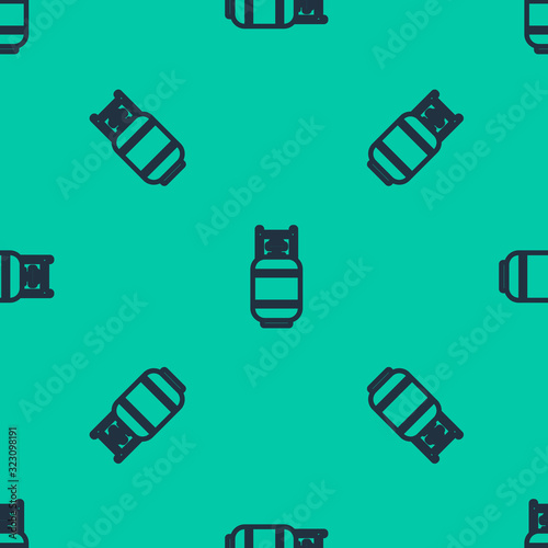 Blue line Propane gas tank icon isolated seamless pattern on green background. Flammable gas tank icon. Vector Illustration