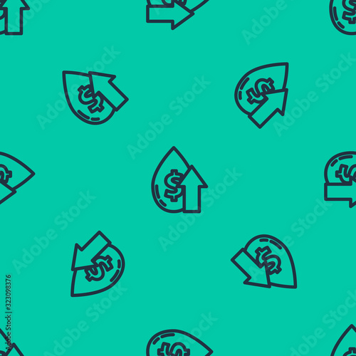 Blue line Oil price increase icon isolated seamless pattern on green background. Oil industry crisis concept. Vector Illustration
