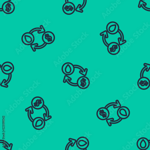 Blue line Oil exchange, water transfer, convert icon isolated seamless pattern on green background. Vector Illustration