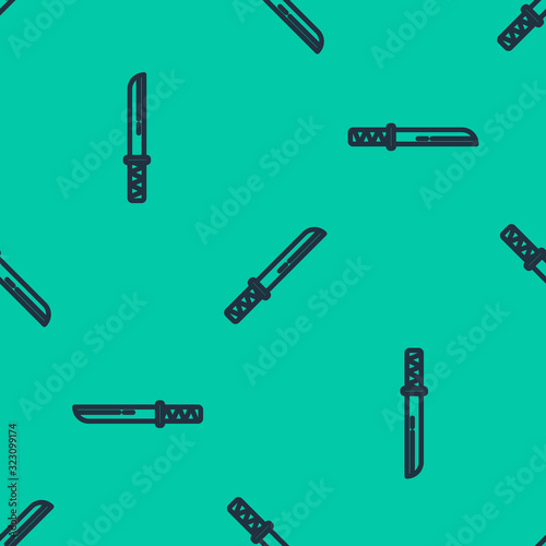 Blue line Traditional Japanese katana icon isolated seamless pattern on green background. Japanese sword. Vector Illustration