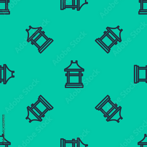 Blue line Japan Gate icon isolated seamless pattern on green background. Torii gate sign. Japanese traditional classic gate symbol. Vector Illustration