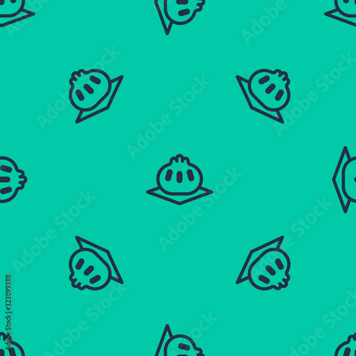 Blue line Khinkali on cutting board icon isolated seamless pattern on green background. Traditional georgian dumpling. Vector Illustration