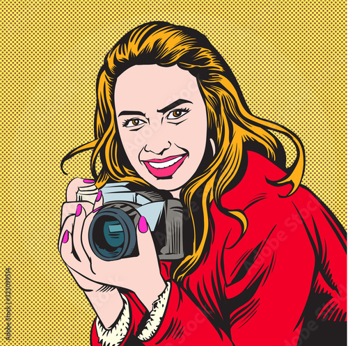 Beautiful girl poses with a camera as photographer. pop art retro comic book illustration