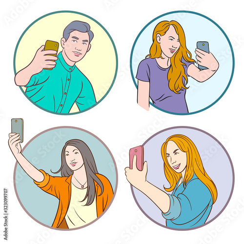 A collection images of young people taking selfies on smartphones. photos in social networks media. hand drawn style vector design illustrations.
