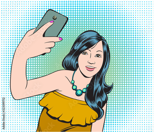 Beautiful Girls are taking selfies on smartphones. photos in social networks media. Pop Art Vector Illustration.The image is separate from the background.