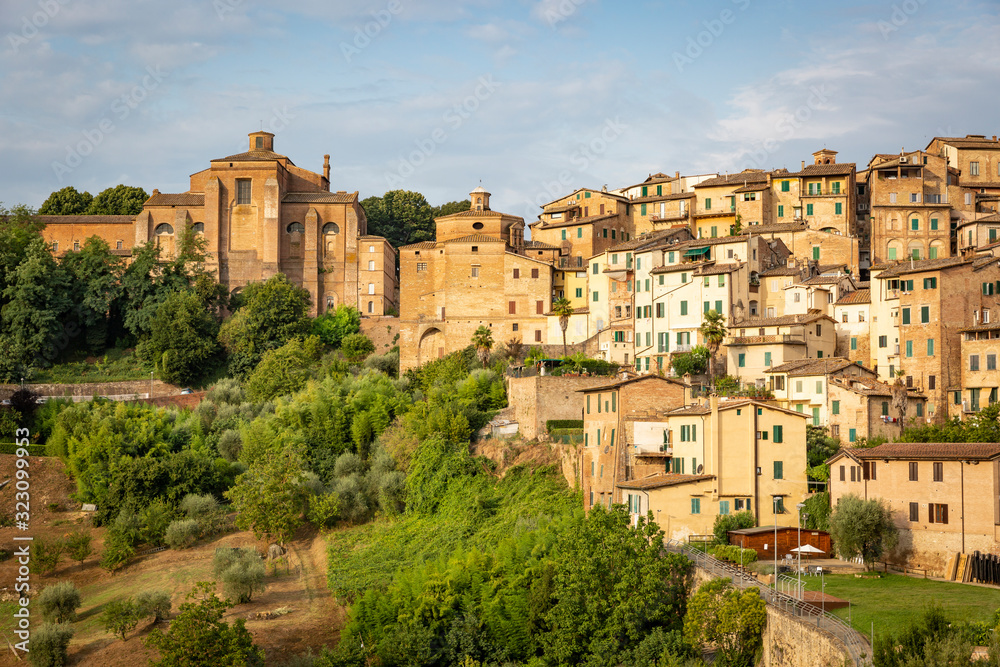 a view of typical brown houses at sunrise in Siena city, Tuscany, Italy
