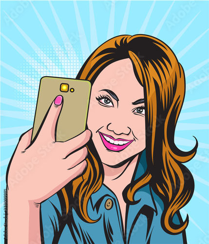 Beautiful Girls are taking selfies on smartphones. photos in social networks media. Pop Art Vector Illustration.The image is separate from the background.