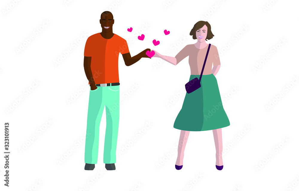 Black man and a white woman show a heart with their hands. Love couple. Illustration in flat style. White isolated background