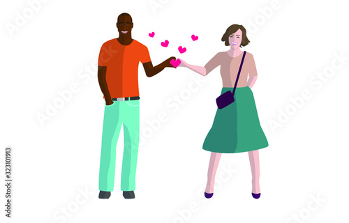 Black man and a white woman show a heart with their hands. Love couple. Illustration in flat style. White isolated background