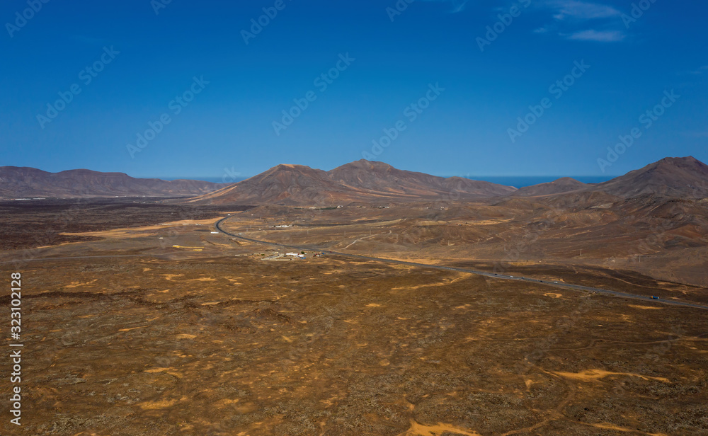 The beautiful volcanic landscape of Maxorata on the island of Fuerteventura. Canary Islands. Spain. Aerial drone view in october 2019